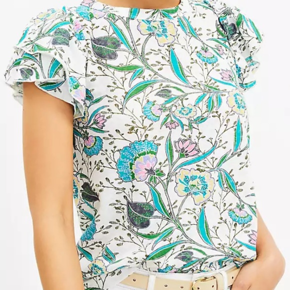 LOFT Tops - LOFT‎ White and Blue Ruffled Cap Sleeve Blouse